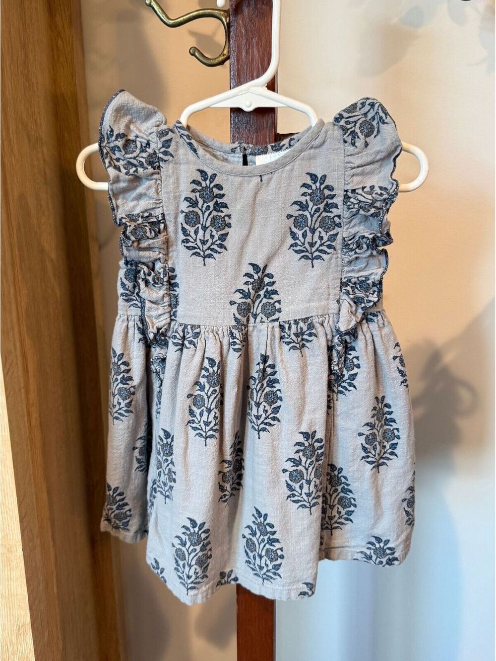 YO BABY 12-18 Months Cotton Baby Dress with Blue Floral Print and Ruffle Sleeves